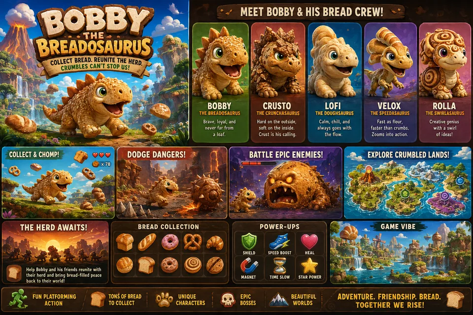 Bobby the Breadasaurus concept board showing visual exploration of the hero, environments, and game ideas