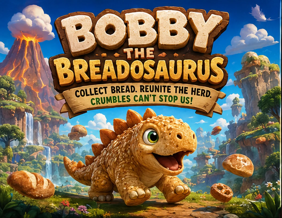 Bobby the Breadasaurus running through a colorful prehistoric bread world