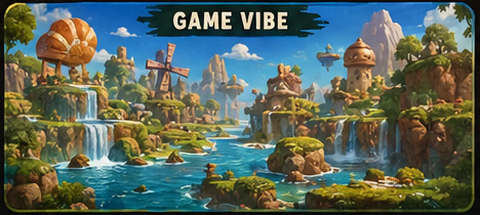 A colorful landscape of floating islands, waterfalls, volcanoes, and bread-shaped places