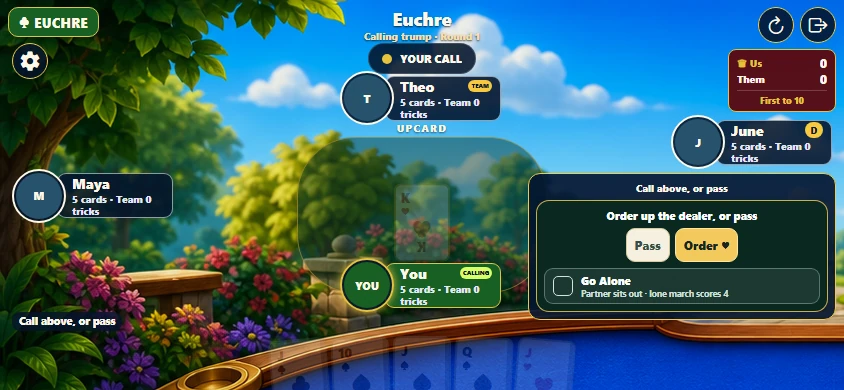 Euchre: Actual app web render from September 12 audit; local bot calling