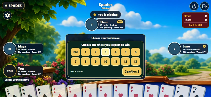 Spades: Actual app web render from September 12 audit; local bot bidding