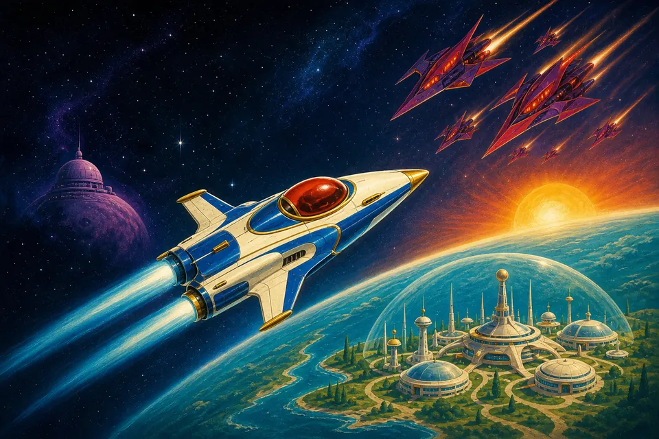 Commander ThumB hero ship racing toward an enemy fleet above Thum B