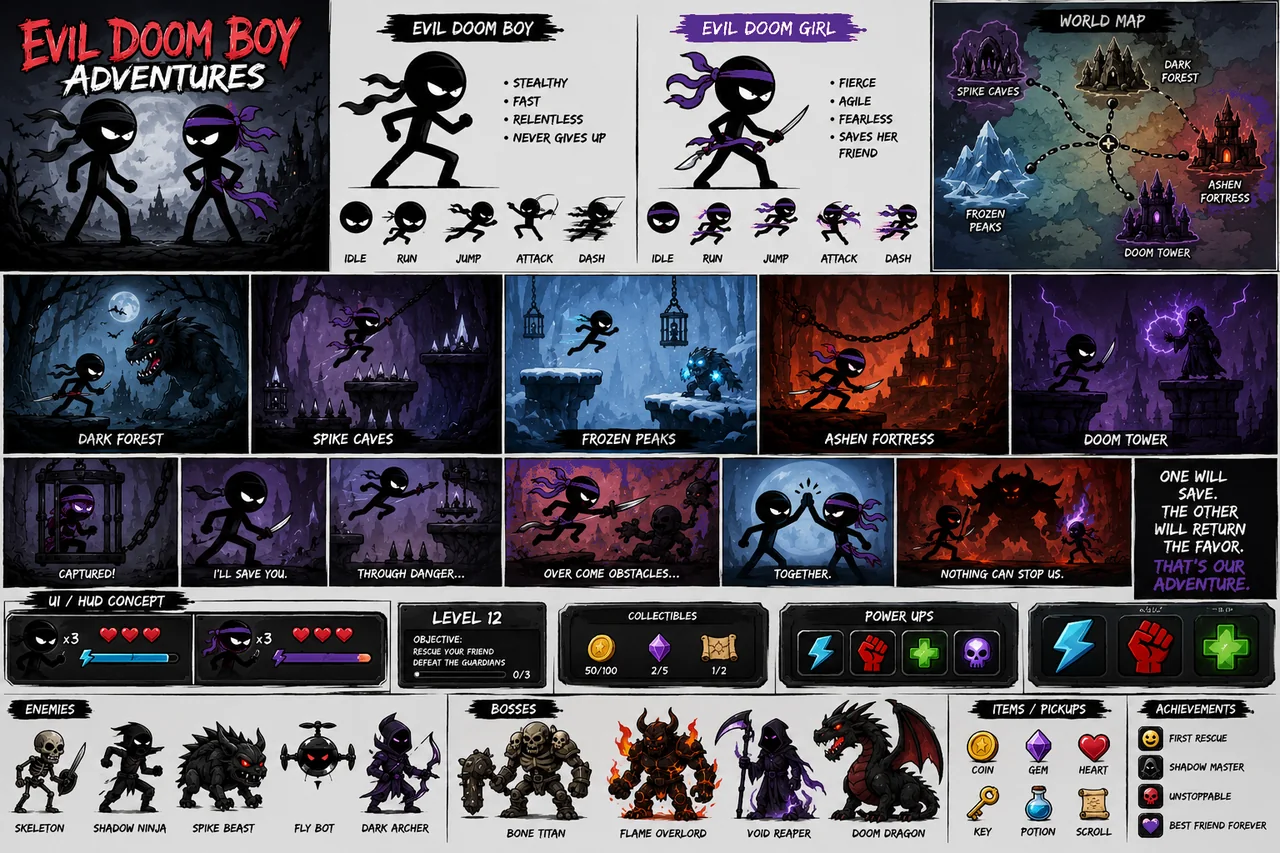 Purple-accented Evil Doom Adventures concept board with heroes, worlds, enemies, and interface ideas