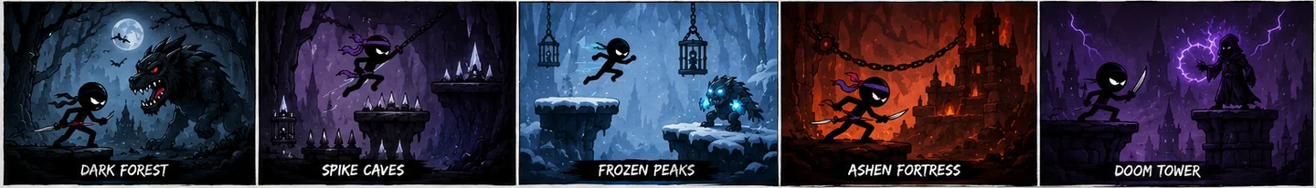 Shadow Run environment concepts including forests, caves, frozen peaks, a fortress, and a doom tower