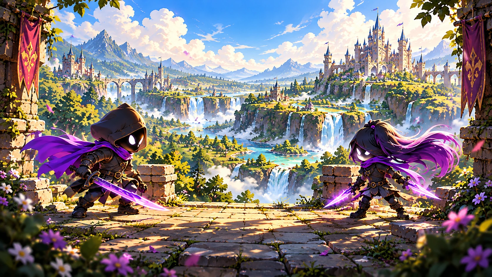 Original illustrated title backdrop. Two hooded siblings face a bright castle and waterfall valley.