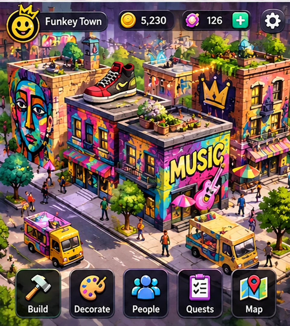 Funkey Town gameplay concept showing mural-covered buildings, music, rooftop gardens, community spaces, and bright street art