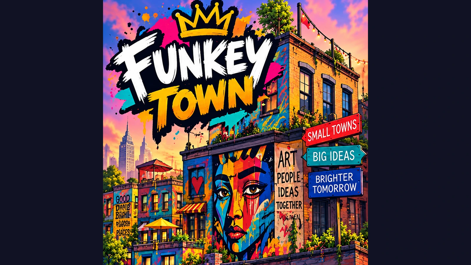 Funkey Town artwork with a bold mural-covered neighborhood and vivid hand-painted street art