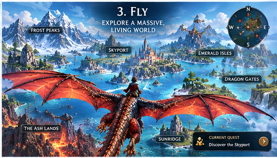 A rider flying a red dragon through islands, castles, mountains, and waterfalls