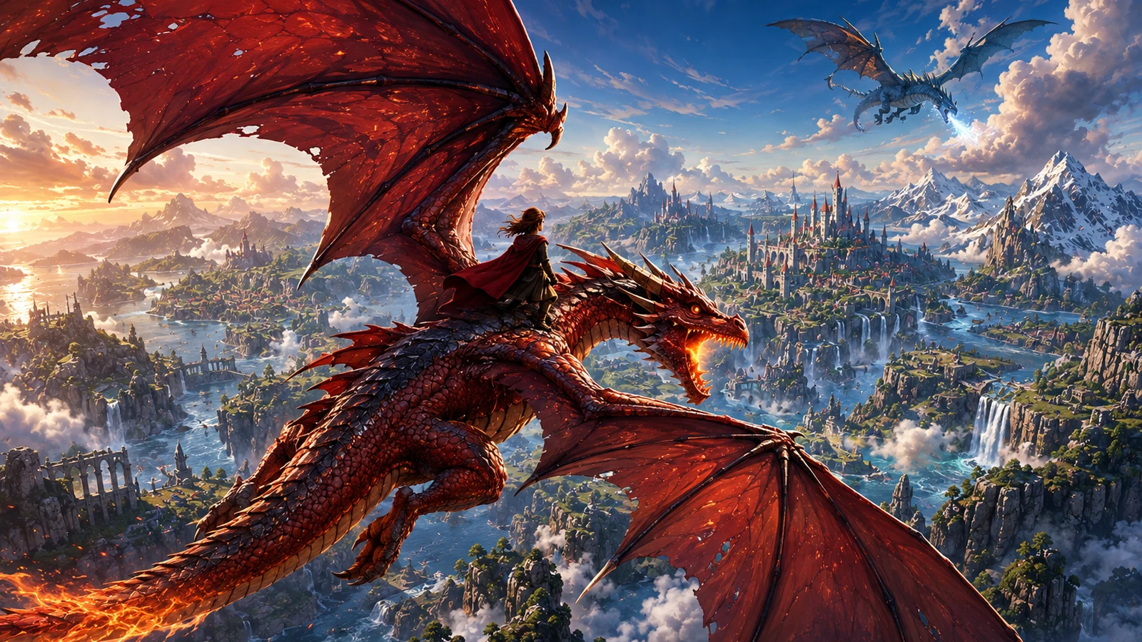 A red dragon and rider flying above the enormous fantasy world of GildenSpire while a rival dragon approaches