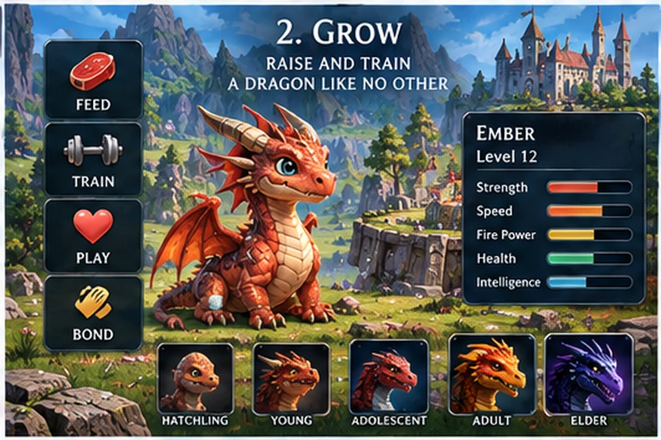 A young GildenSpire dragon training beside a fantasy castle