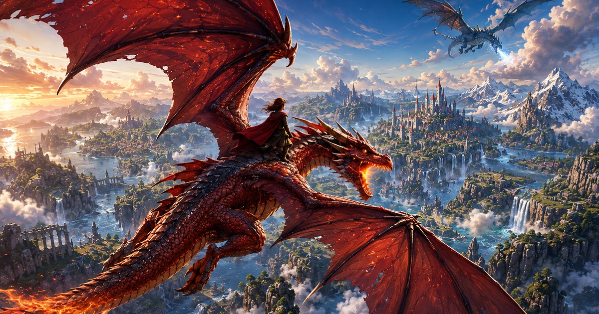 A red GildenSpire dragon and rider flying toward a vast fantasy world as a rival approaches