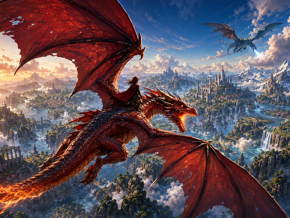 A red dragon and rider flying over the vast fantasy world of GildenSpire