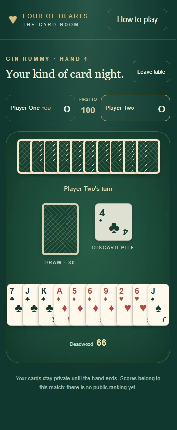 Actual Gin Rummy development table with two test players and a ten-card hand