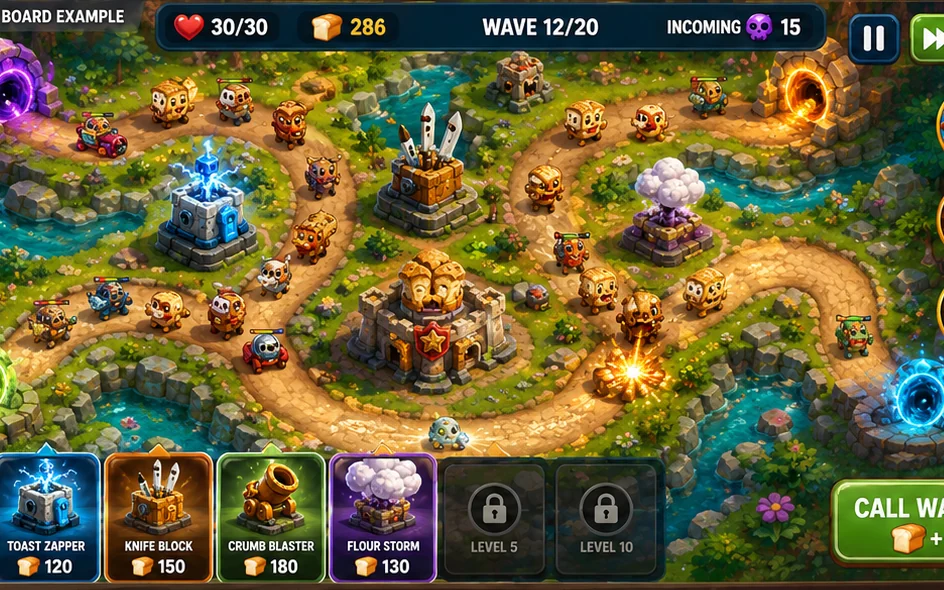 Bobby the Breadasaurus tower-defense gameplay