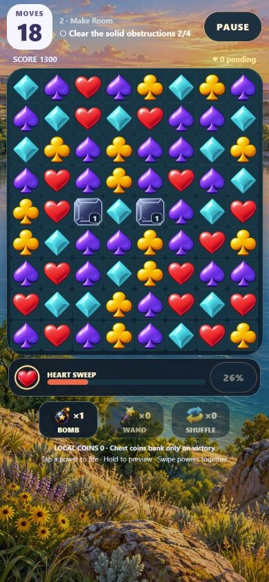 Earlier browser development capture: a colorful match-three board with card suits, move counter, and Heart Sweep meter
