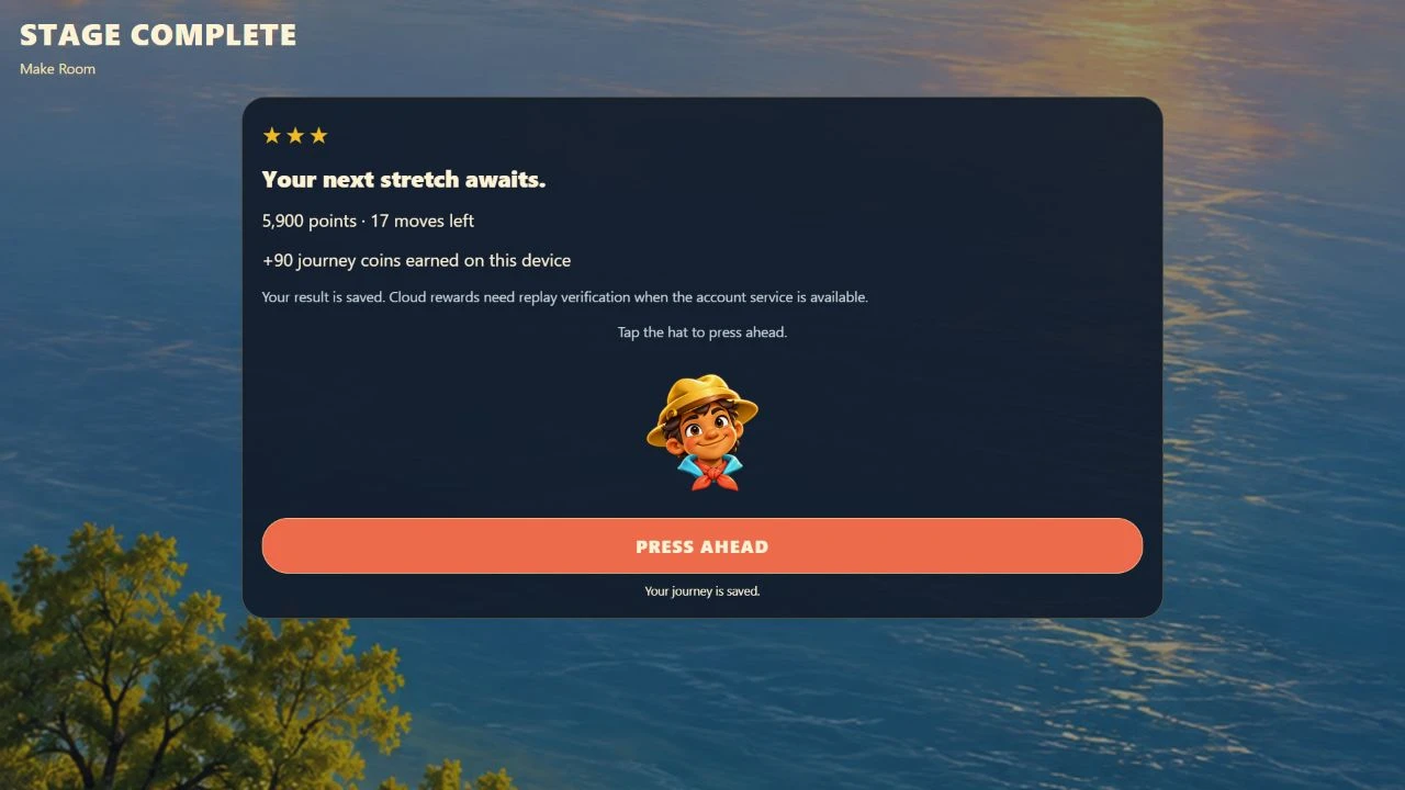 Current desktop browser development capture: stage complete, a saved result, the small scout, and a Press Ahead button