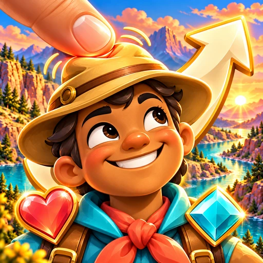 Original Press Ahead app artwork: a smiling scout, card suits, and a finger pressing the explorer hat