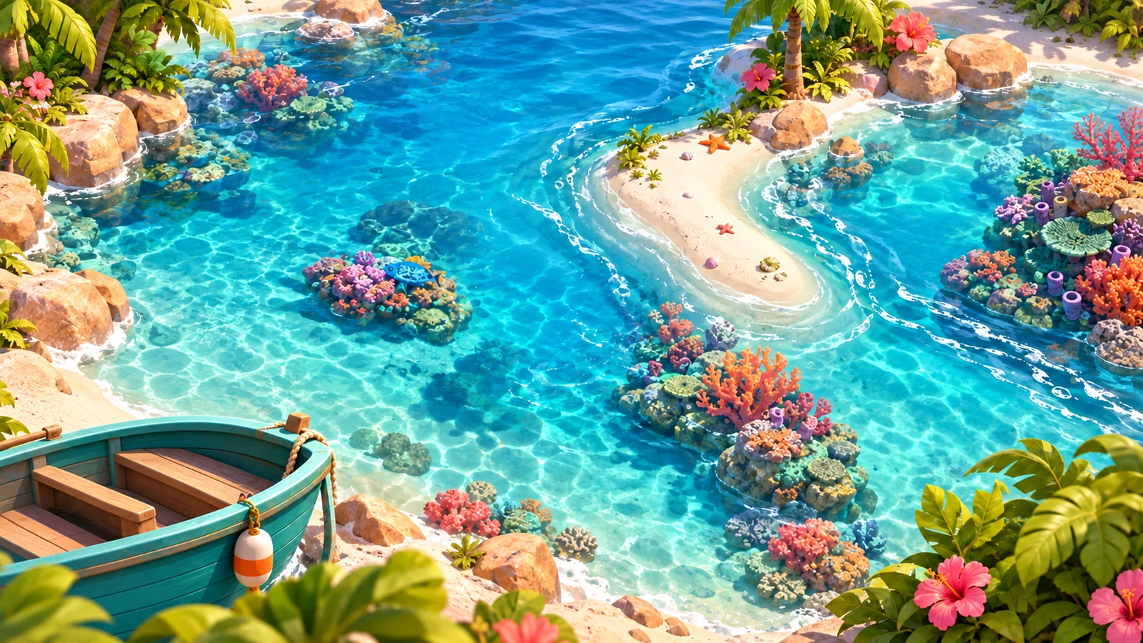 Coral Cove source artwork: a teal rowboat, sandy islands and colorful coral in blue water