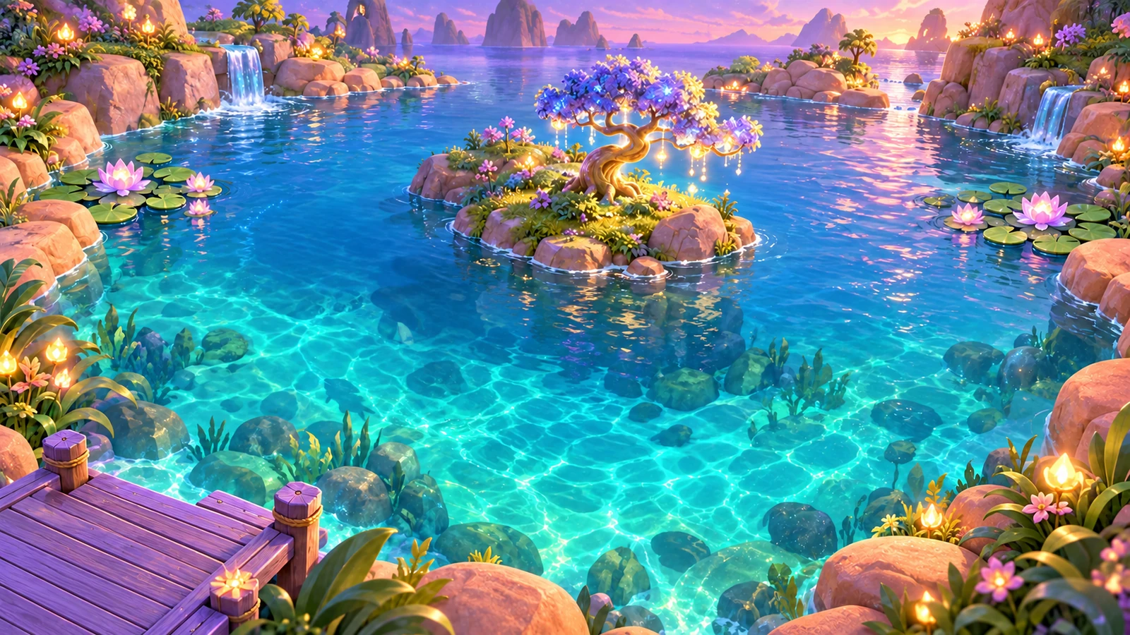 Glow Lagoon source artwork: a luminous island tree, lotus flowers and a violet sunset over turquoise water