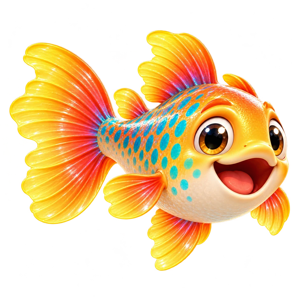 Sunburst character source artwork: a smiling orange-gold fish with turquoise freckles and broad flowing fins