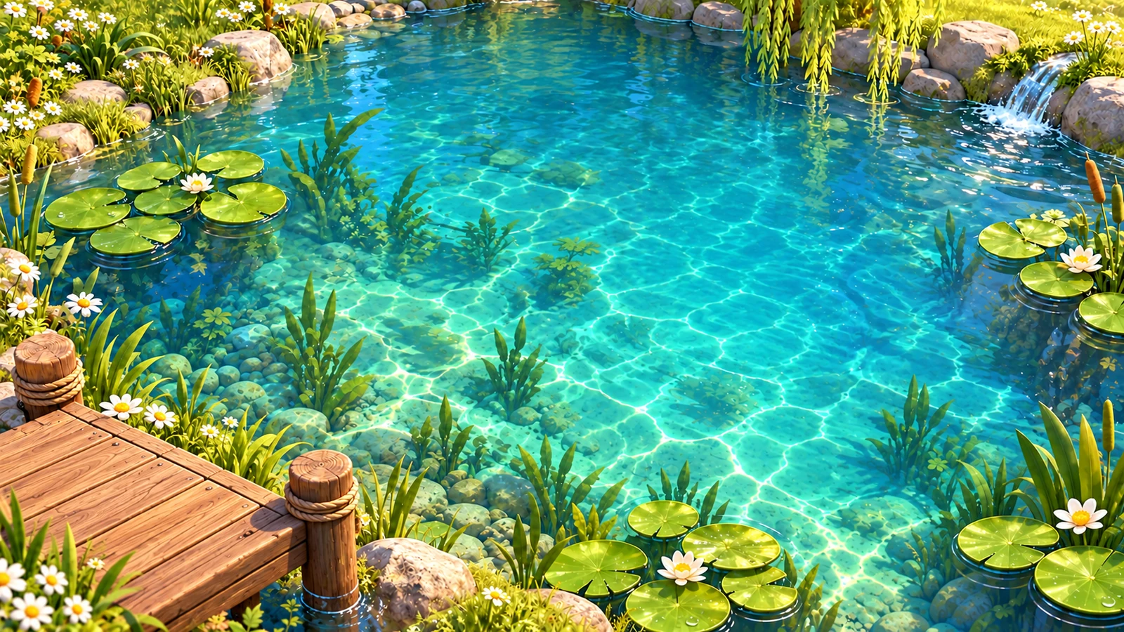 Sunny Pond source artwork: clear turquoise water, lily pads, daisies and a wooden fishing dock