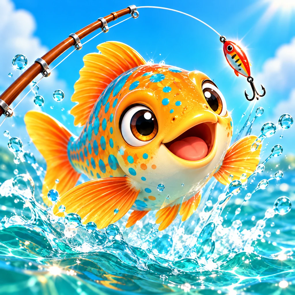 Reel Fun's orange-and-gold fish with turquoise spots leaping from sparkling water beneath a fishing rod