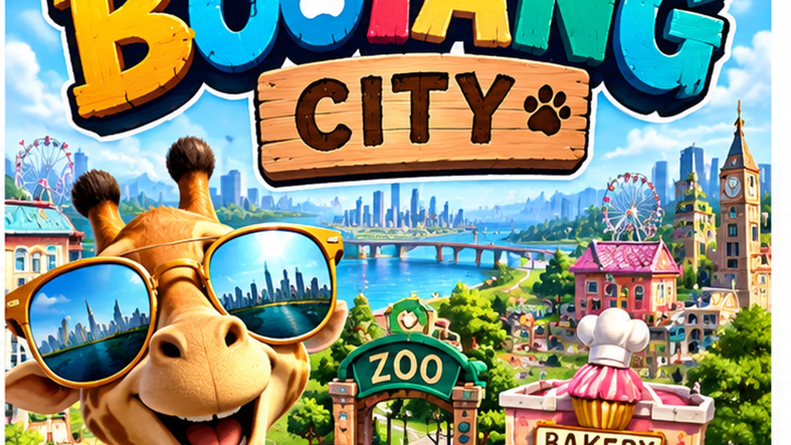 BooYang City artwork with a cheerful character overlooking a zoo, bakery, waterfront, and colorful city