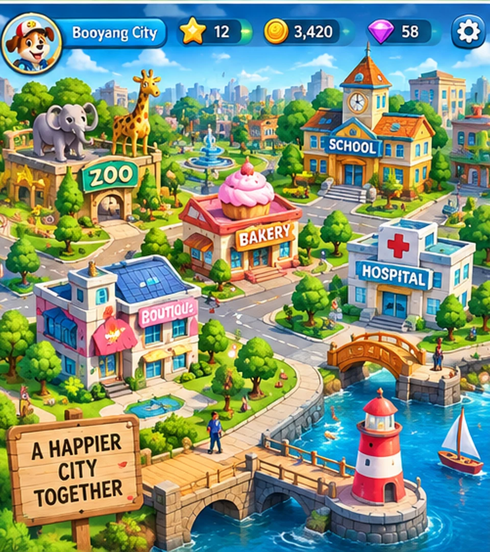 BooYang City gameplay concept showing a colorful connected city with a zoo, bakery, school, hospital, waterfront, and streets