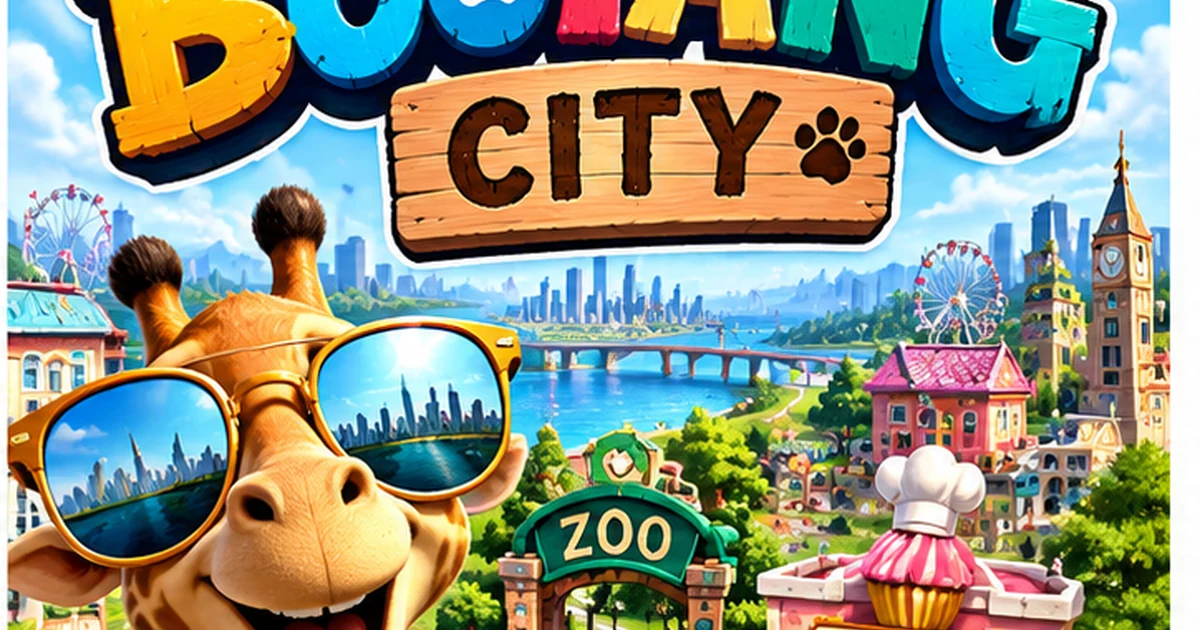 BooYang City artwork featuring a cheerful character and a colorful city of destinations