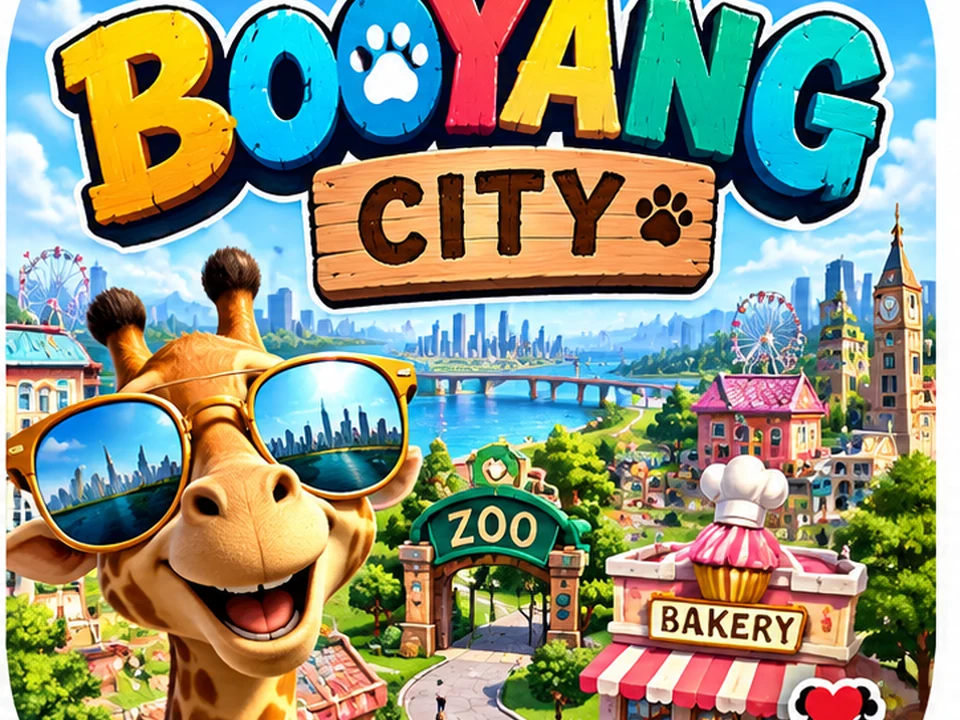 BooYang City artwork with a cheerful character overlooking a zoo, bakery, waterfront, and colorful city