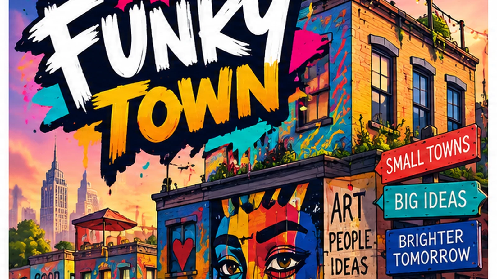 Funky Town artwork with a bold mural-covered neighborhood and vivid hand-painted street art