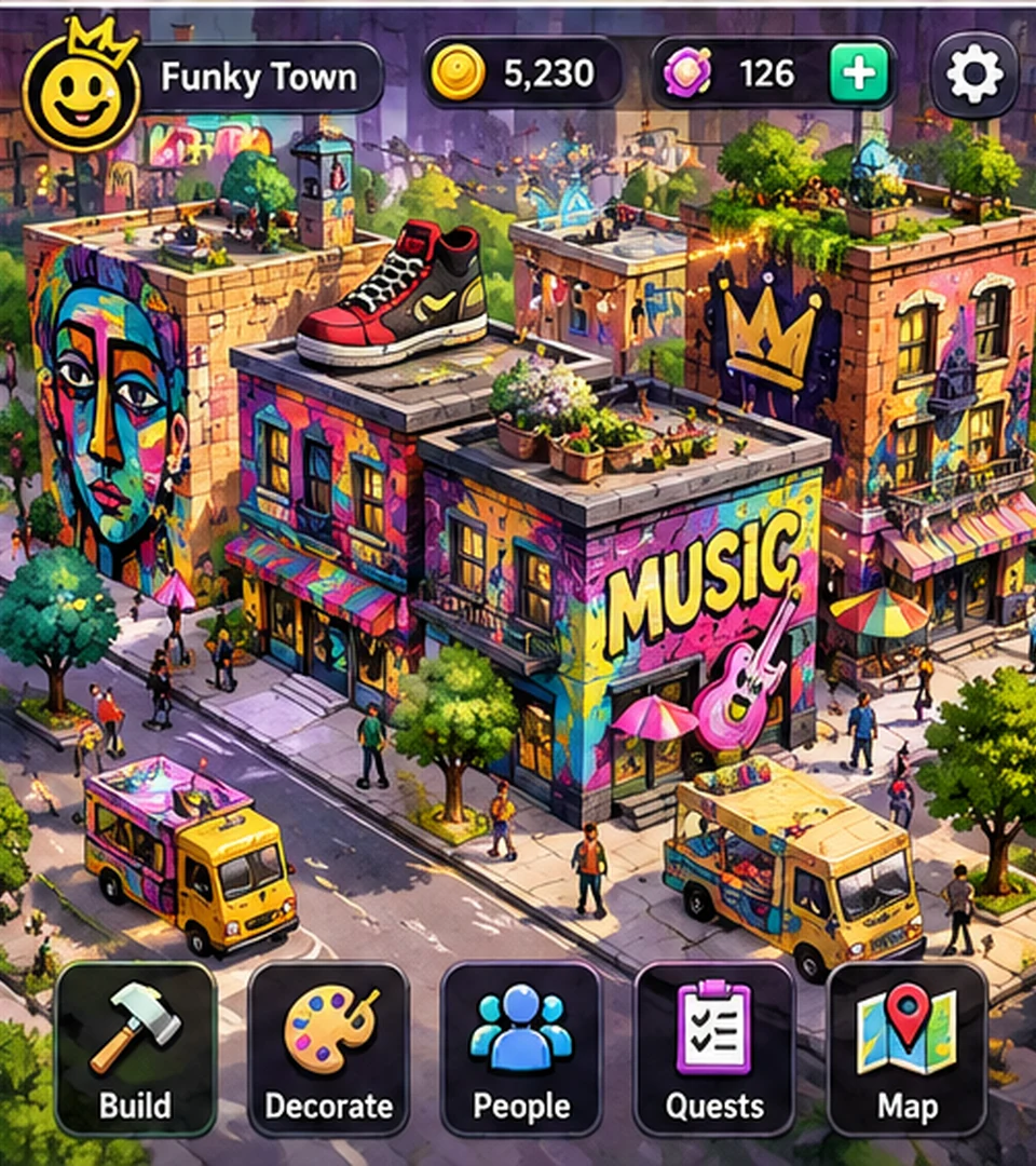 Funky Town gameplay concept showing mural-covered buildings, music, rooftop gardens, community spaces, and bright street art