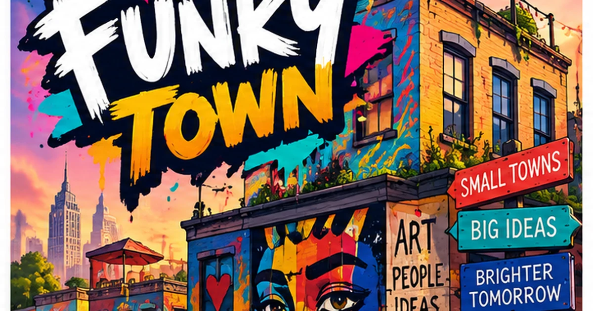 Funky Town artwork showing a bold neighborhood transformed by murals, color, music, and street art