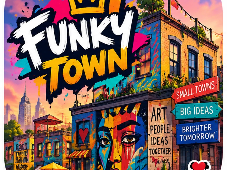 Funky Town artwork with a bold mural-covered neighborhood and vivid hand-painted street art