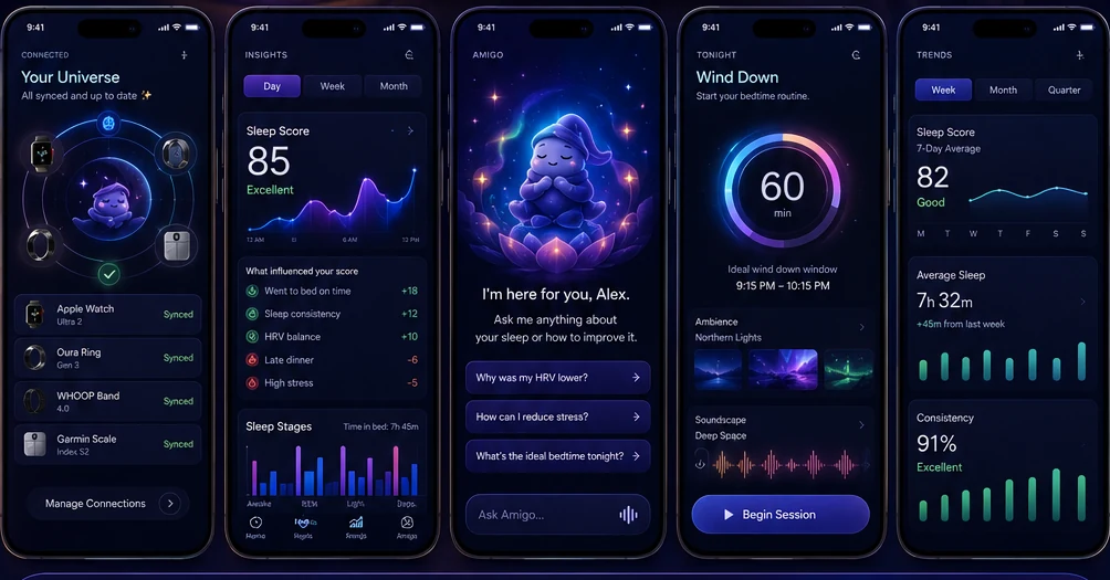 Sleep Amigo screens for connected sources, insights, the Amigo conversation, wind down, and trends