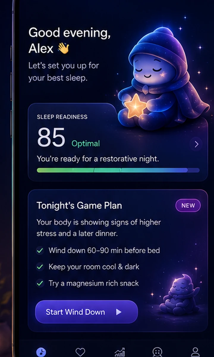 Sleep Amigo nightly home interface with sleep readiness and Tonight's Game Plan