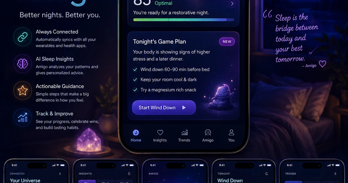 Sleep Amigo celestial companion and dark premium sleep guidance interface