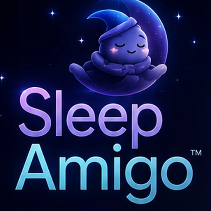 Sleep Amigo celestial character resting beneath a crescent moon and stars