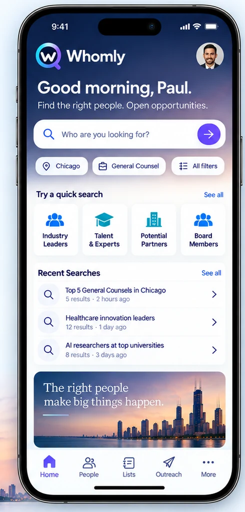 Whomly search-first mobile interface with professional criteria and recent searches