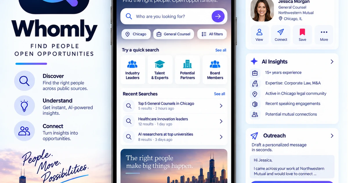 Whomly interface showing public professional search, profiles, AI-assisted context, and outreach preparation