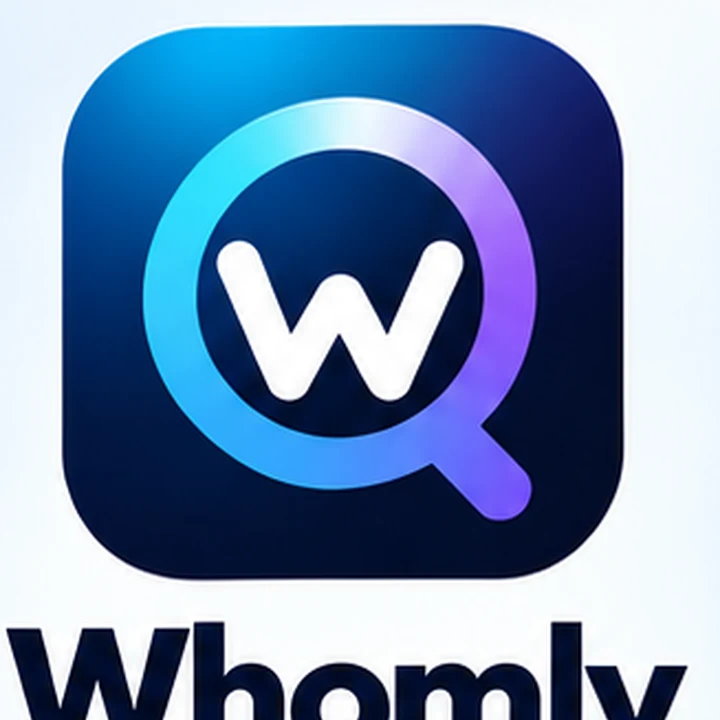 Whomly magnifying-glass identity in cyan and violet on deep navy