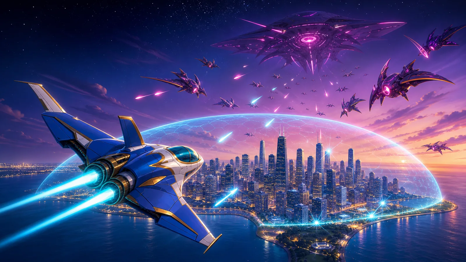 Thumb Command Blueguard interceptor defending a city from an alien fleet