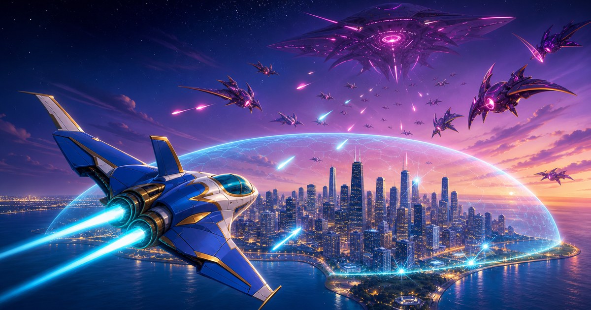 Blueguard interceptor defending Chicago from a purple alien invasion